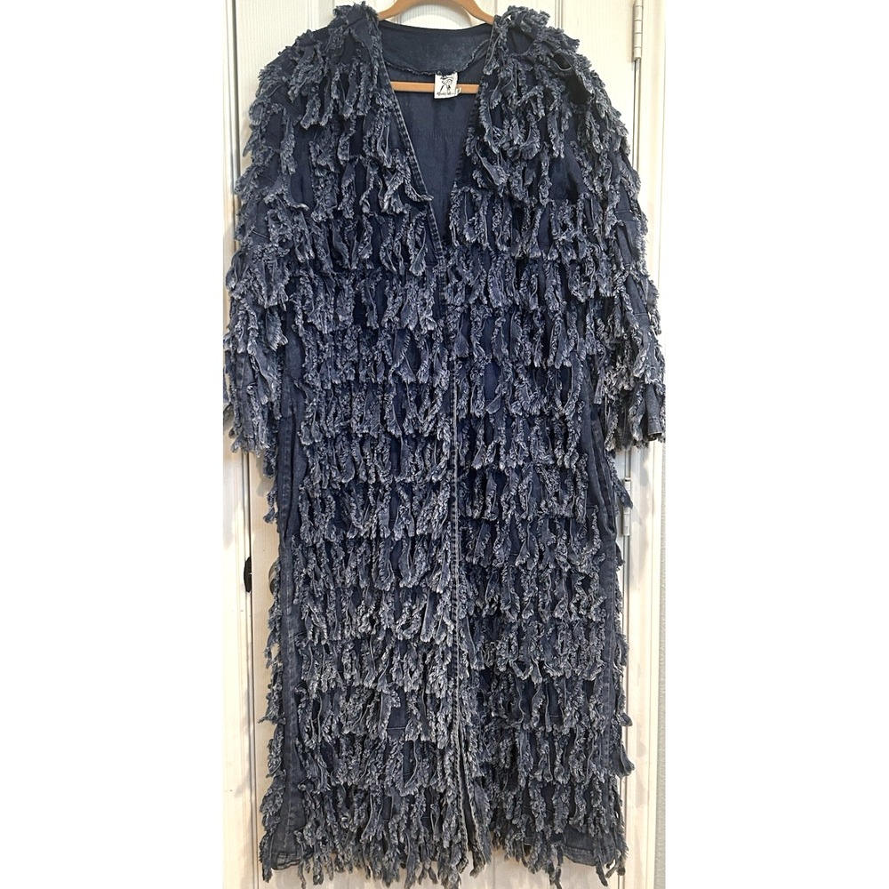 Vtg Alfredos Wife Denim Fringe Long Duster Jacket Coat Womens M Rare Art To Wear